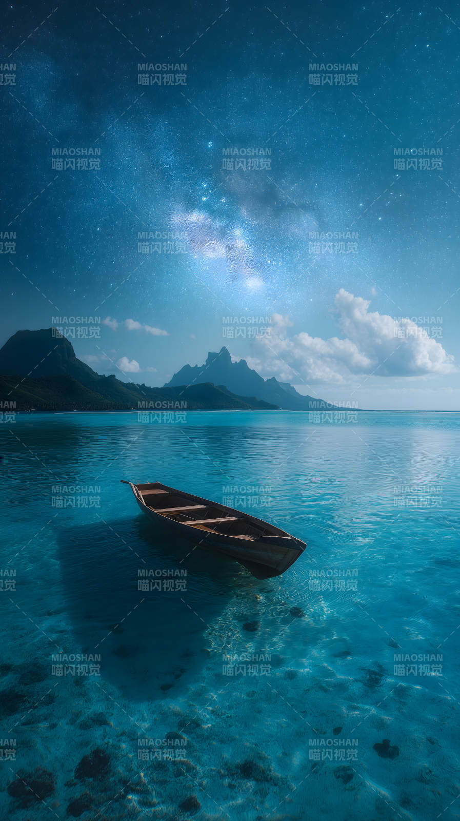 夜空下的平静海面木舟和山图片