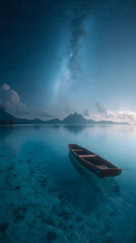 夜空下的静谧海景小船图片
