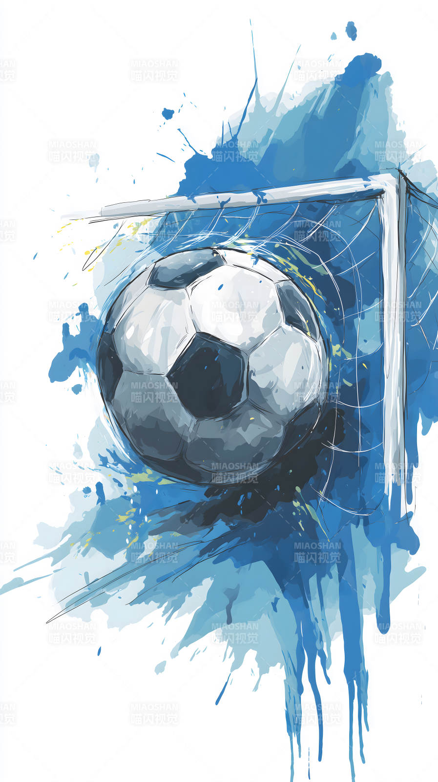 足球射门瞬间水墨风插画图片