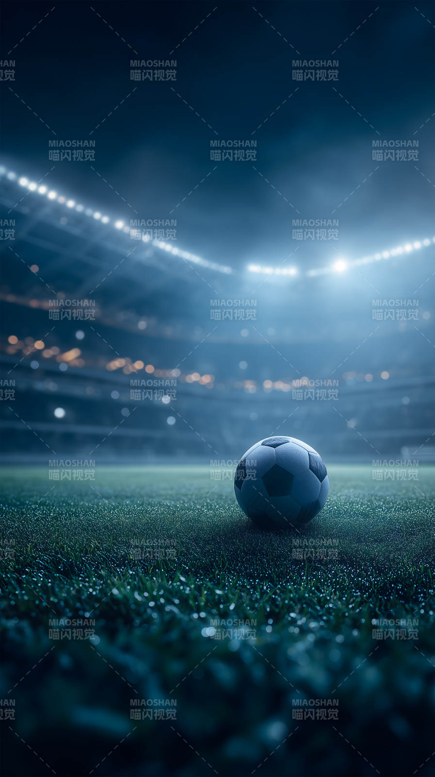 足球场夜晚灯光映照足球图片