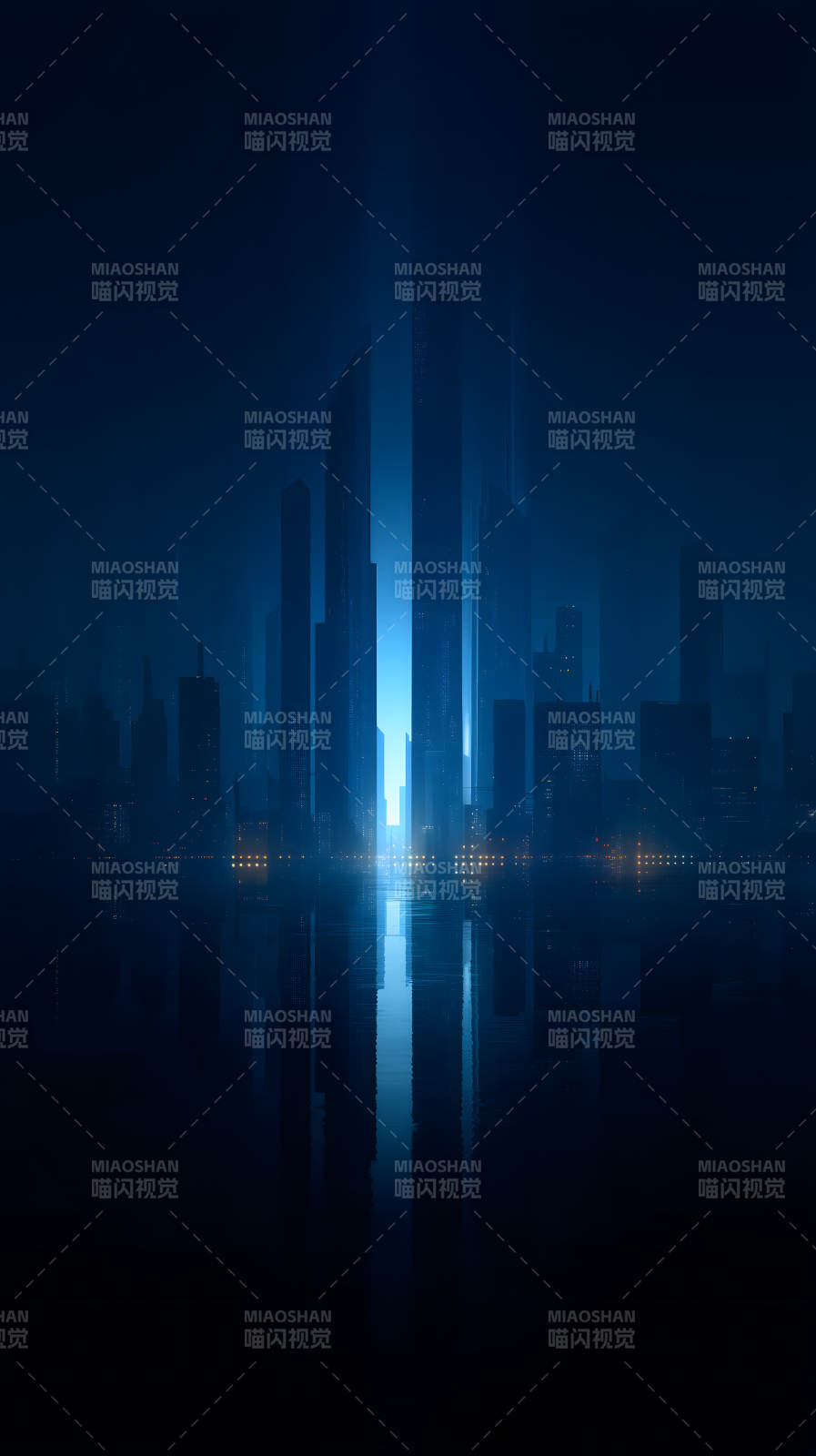 未来都市夜景水面反射光线图片