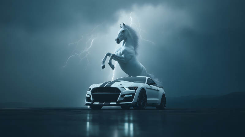 野马车与白马雷电交加意境深远图片