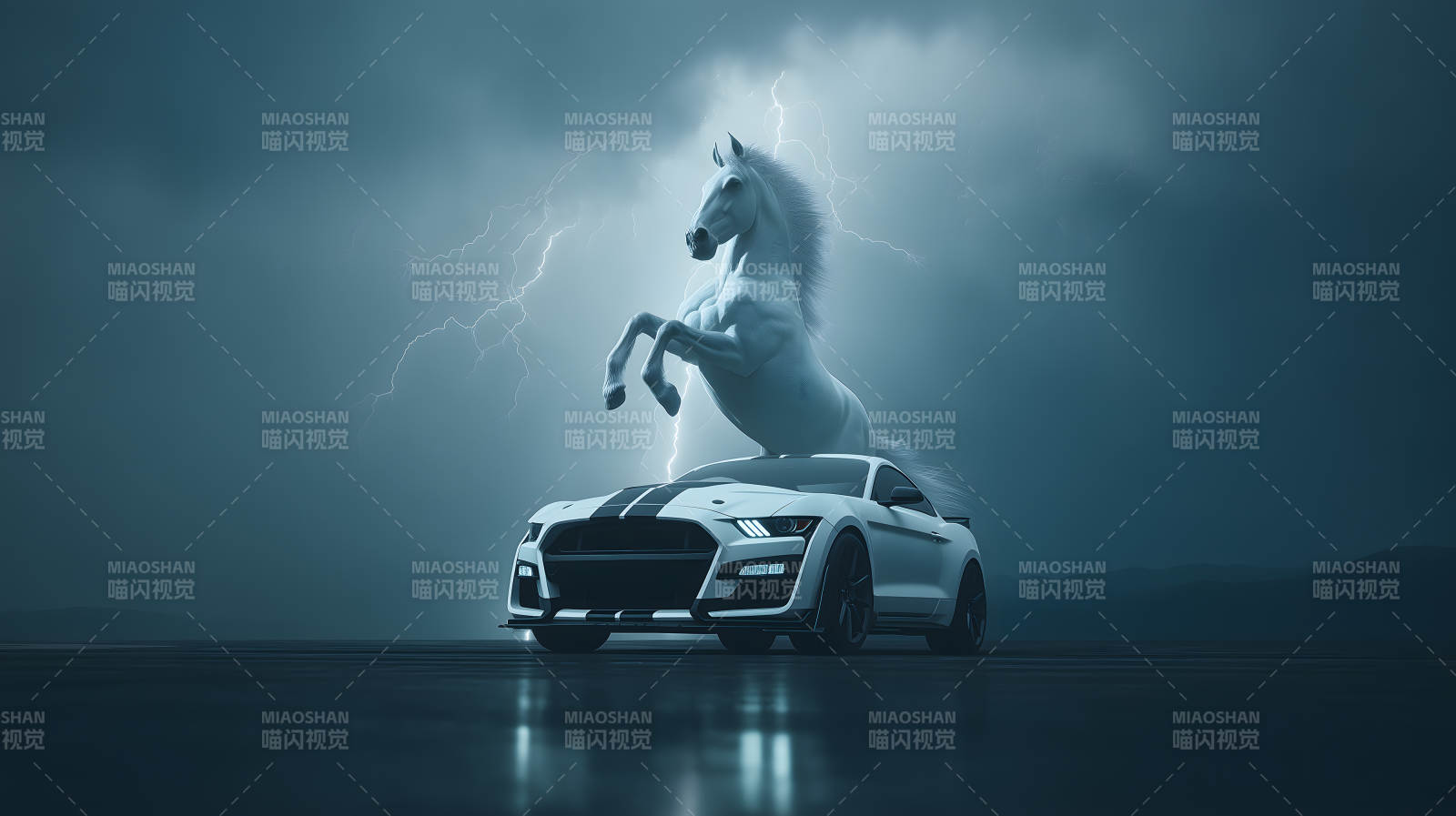 野马车与白马雷电交加意境深远图片