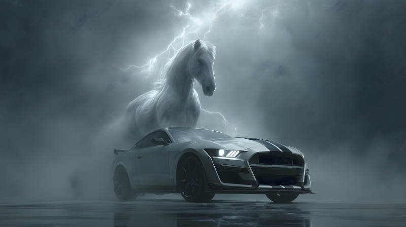 赛车与白马雷电交加图片