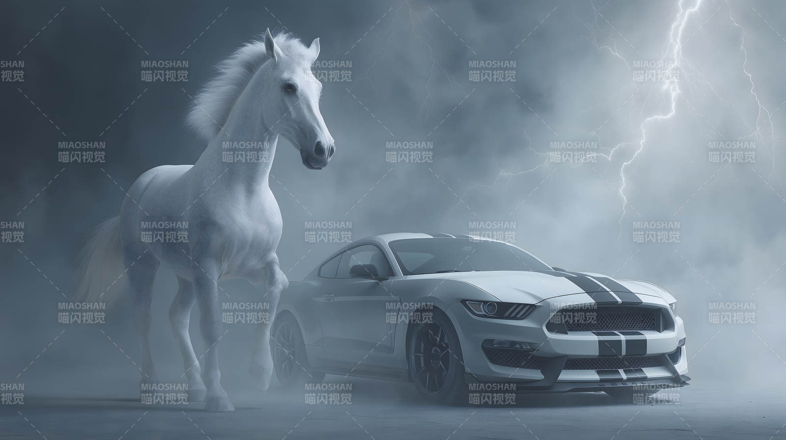 白马与野马驰骋于雷电之下图片