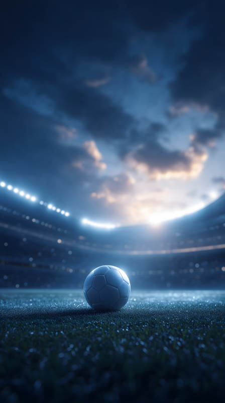 球场上方的足球在夜间明亮的灯光下闪耀图片