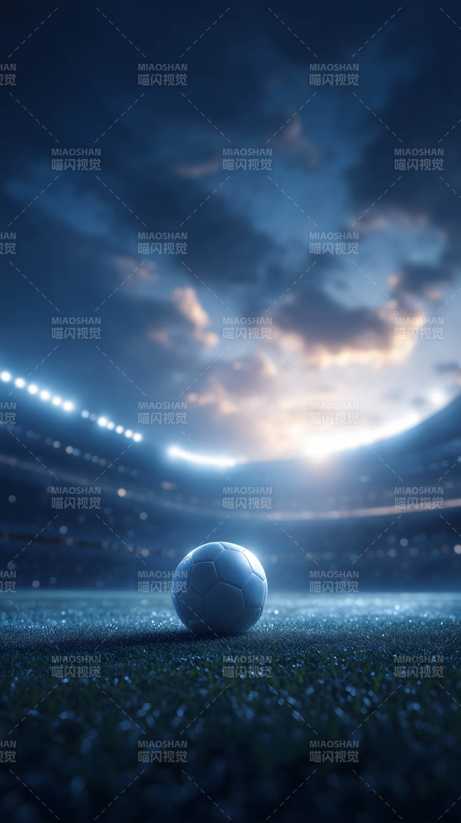 球场上方的足球在夜间明亮的灯光下闪耀图片