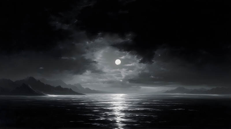 夜晚大海皓月当空夜景图片