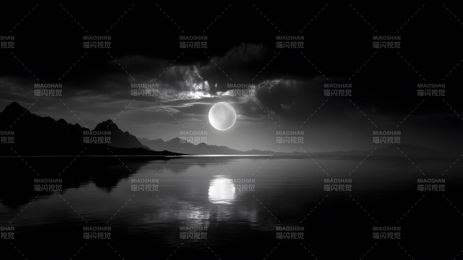 夜空皓月倒影平静湖面图片