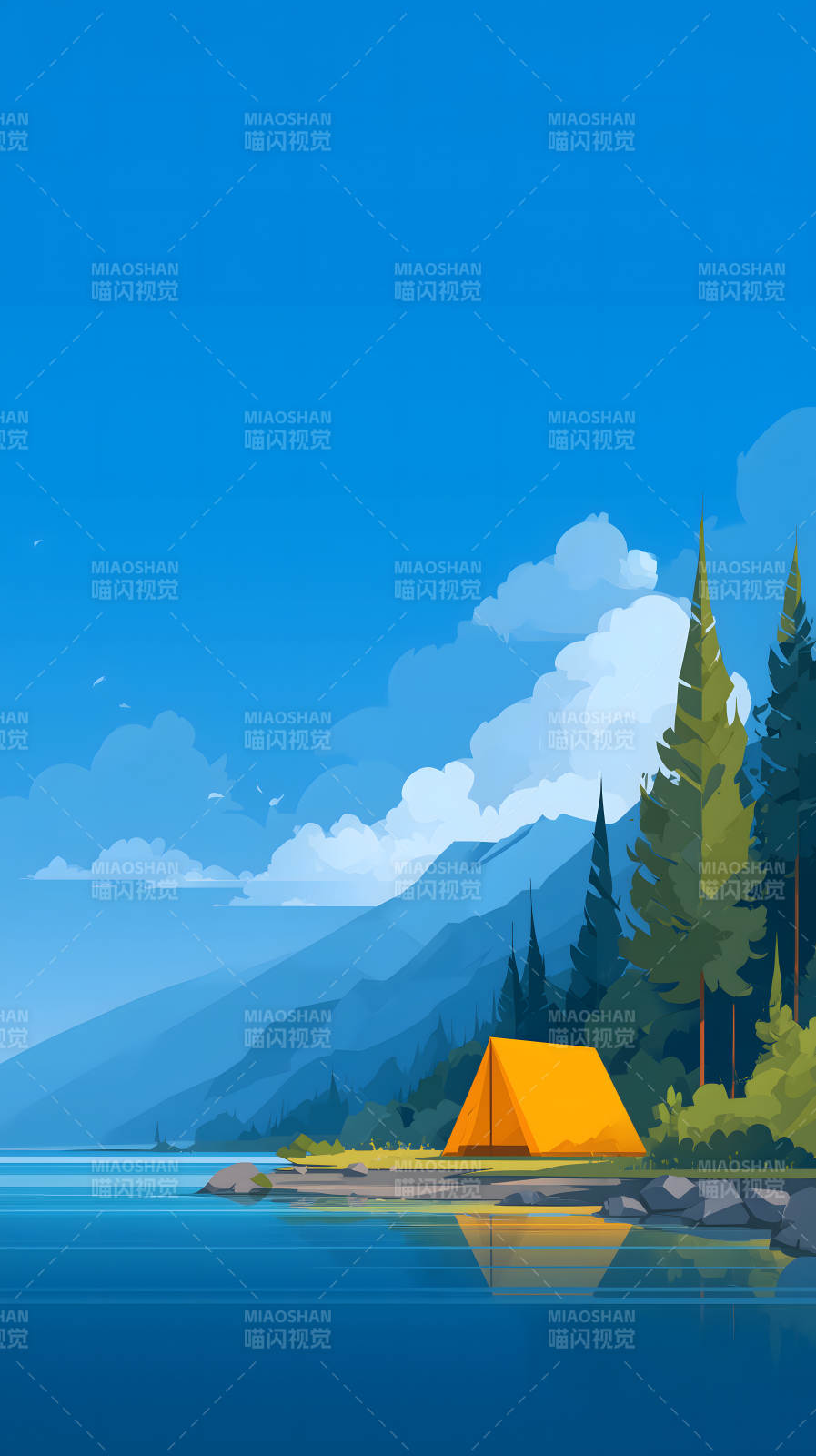 湖畔露营景色优美蓝天白云图片