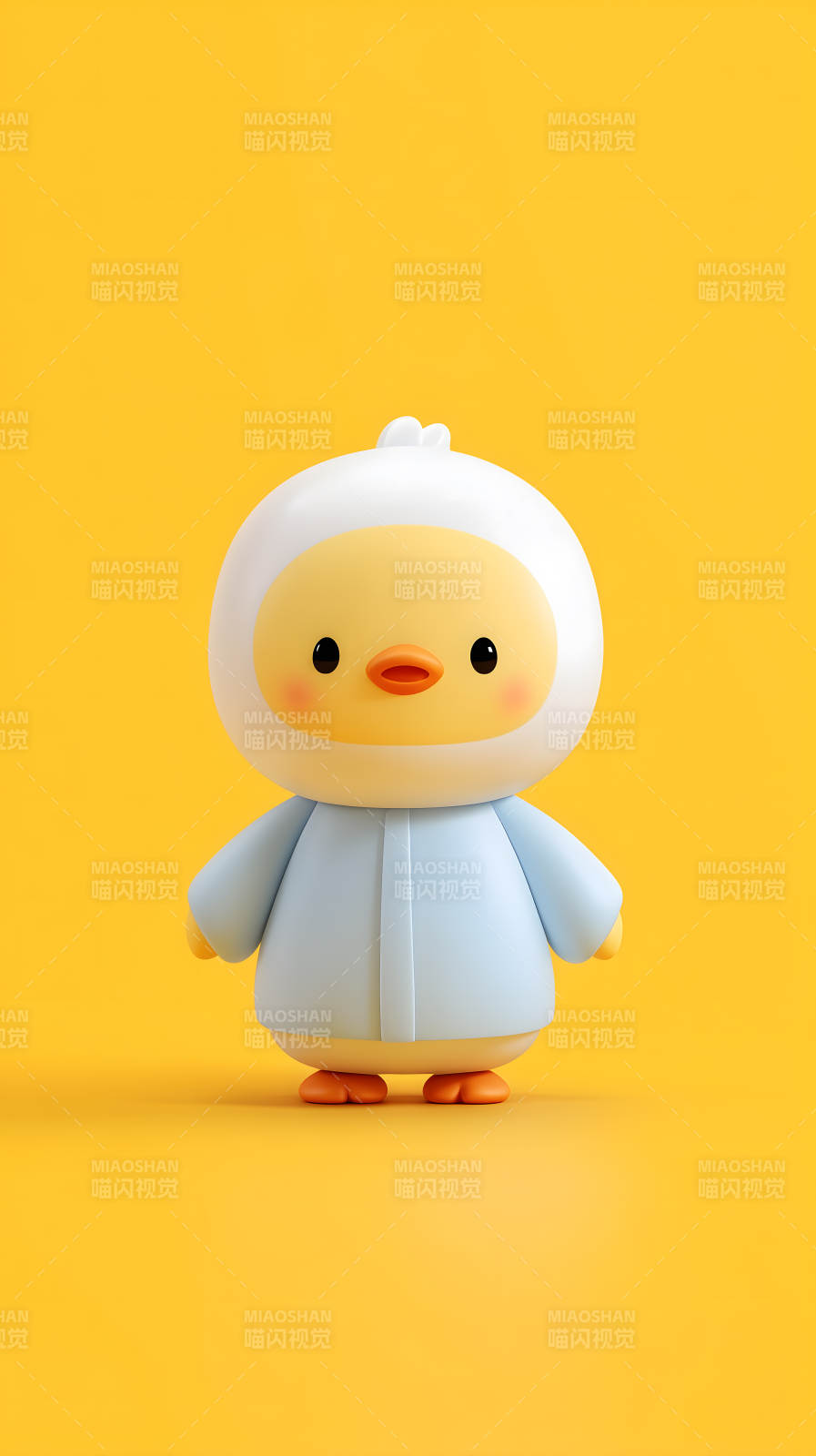 可爱小黄鸭穿着衣服在明亮的黄色背景上图片