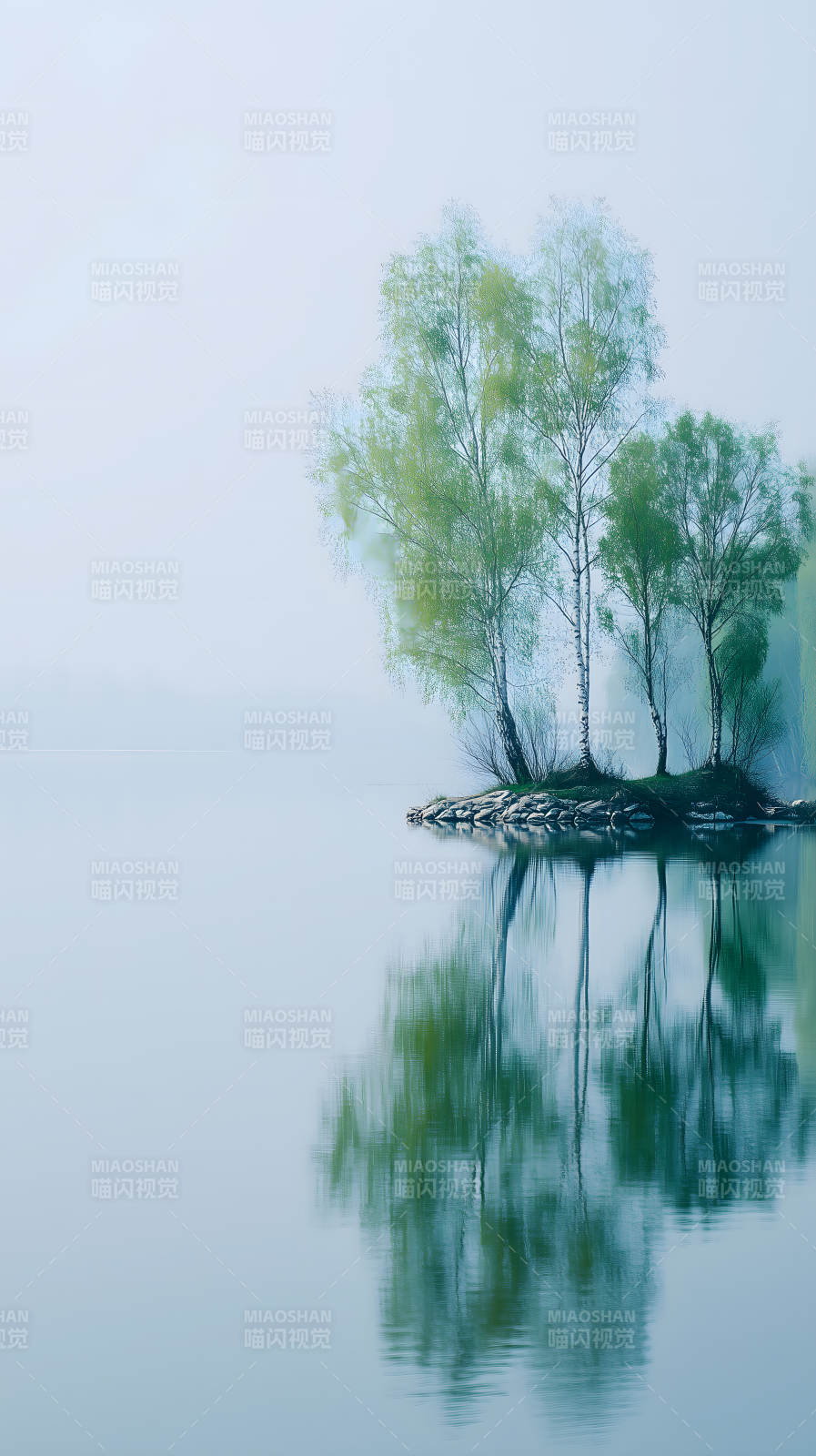 湖畔孤岛树影婆娑倒影图片