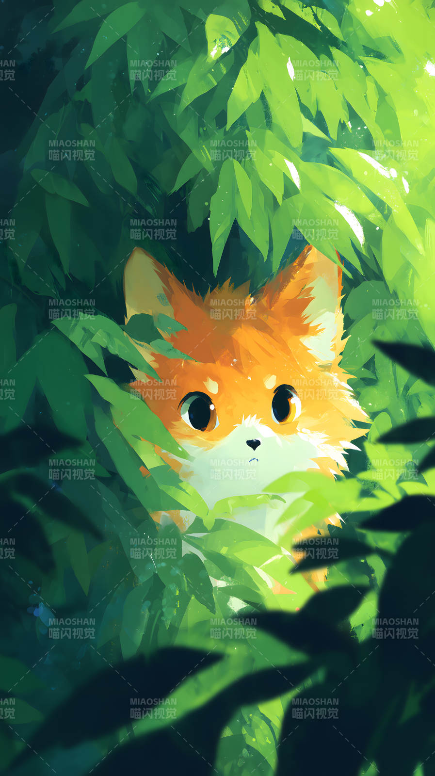 躲在树叶中的小狐狸图片