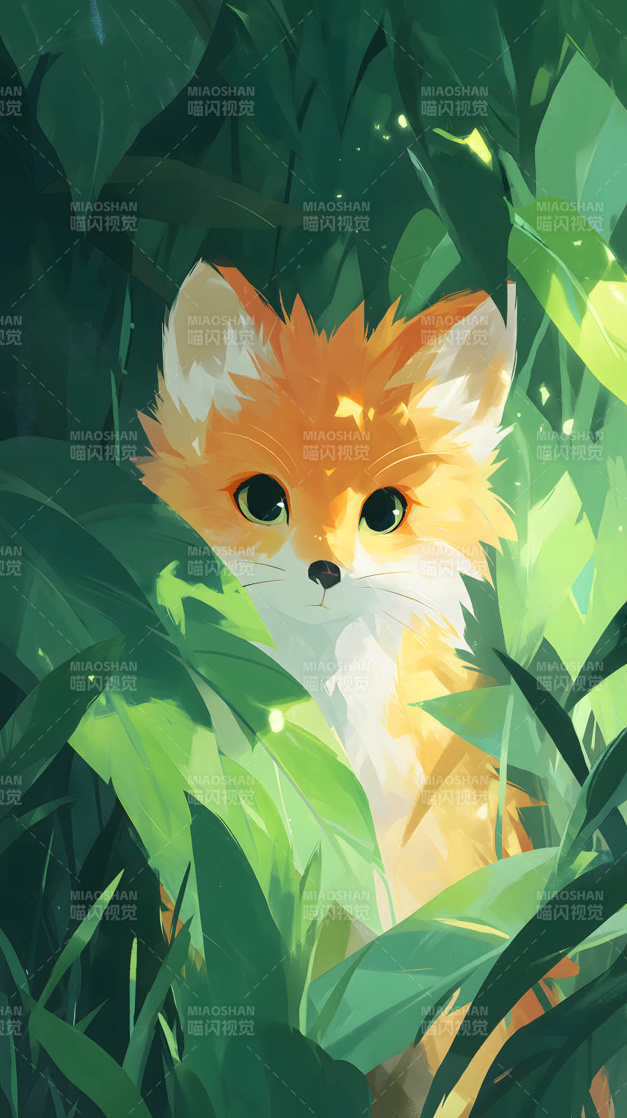 小狐狸躲在树叶里眼神清澈图片