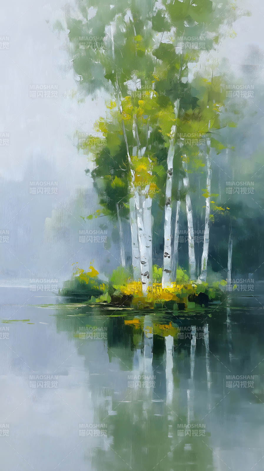 湖畔白桦树油画风景优美意境图片