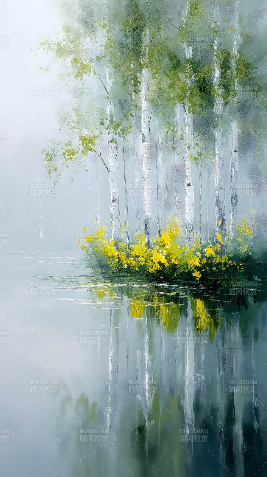 湖畔林间风景油画图片