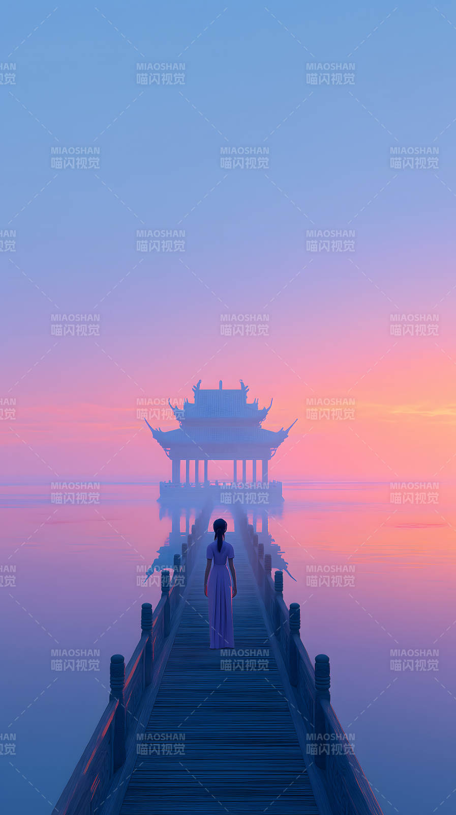 女子走桥阁楼远眺落日余晖图片