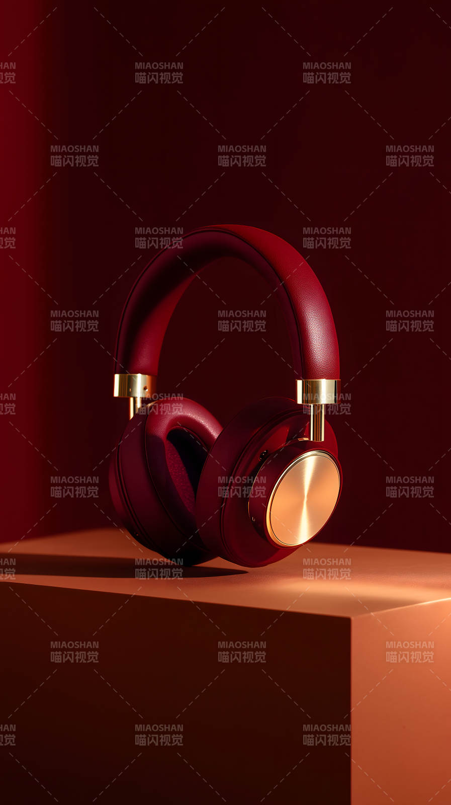 红色耳机金色点缀置于红棕色背景图片