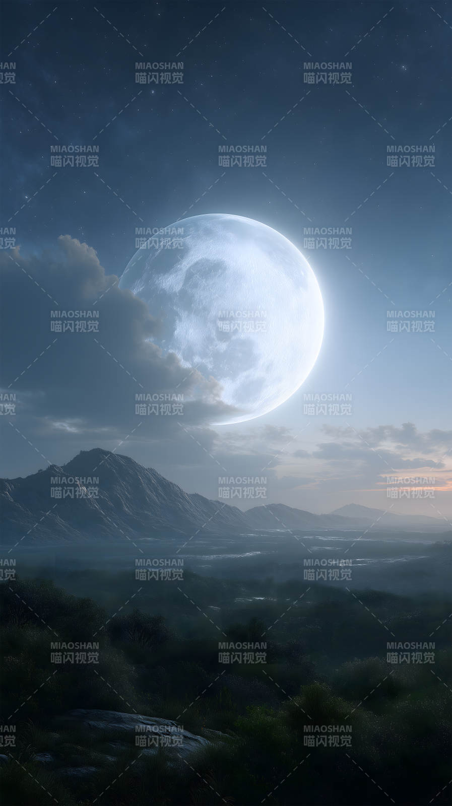 夜晚的山脉与巨型月亮图片