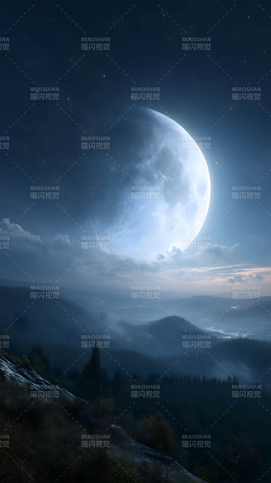 夜空下的月亮与山脉的壮丽景象图片