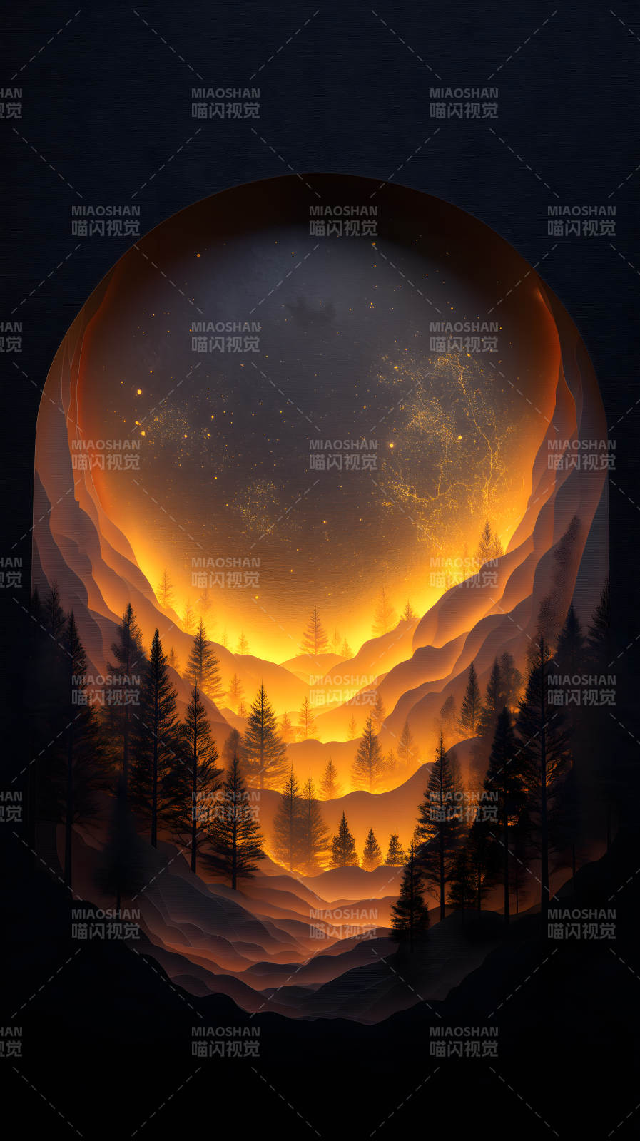 梦幻森林中的金色星空图片