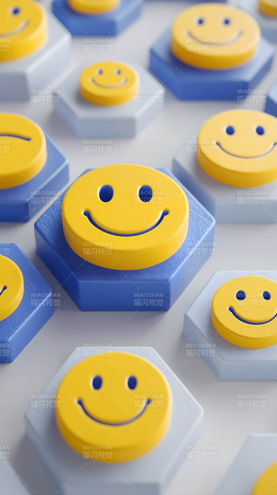 黄色笑脸图案的蓝色和灰色六边形图片