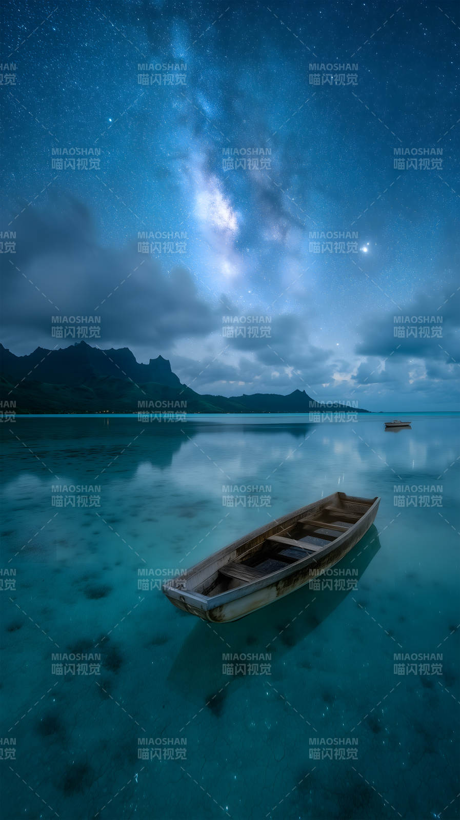 星空下的海面小舟夜景梦幻而宁静图片