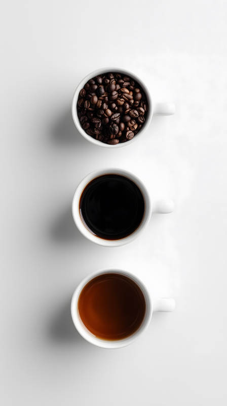 咖啡豆、浓咖啡、淡咖啡分层摆放图片