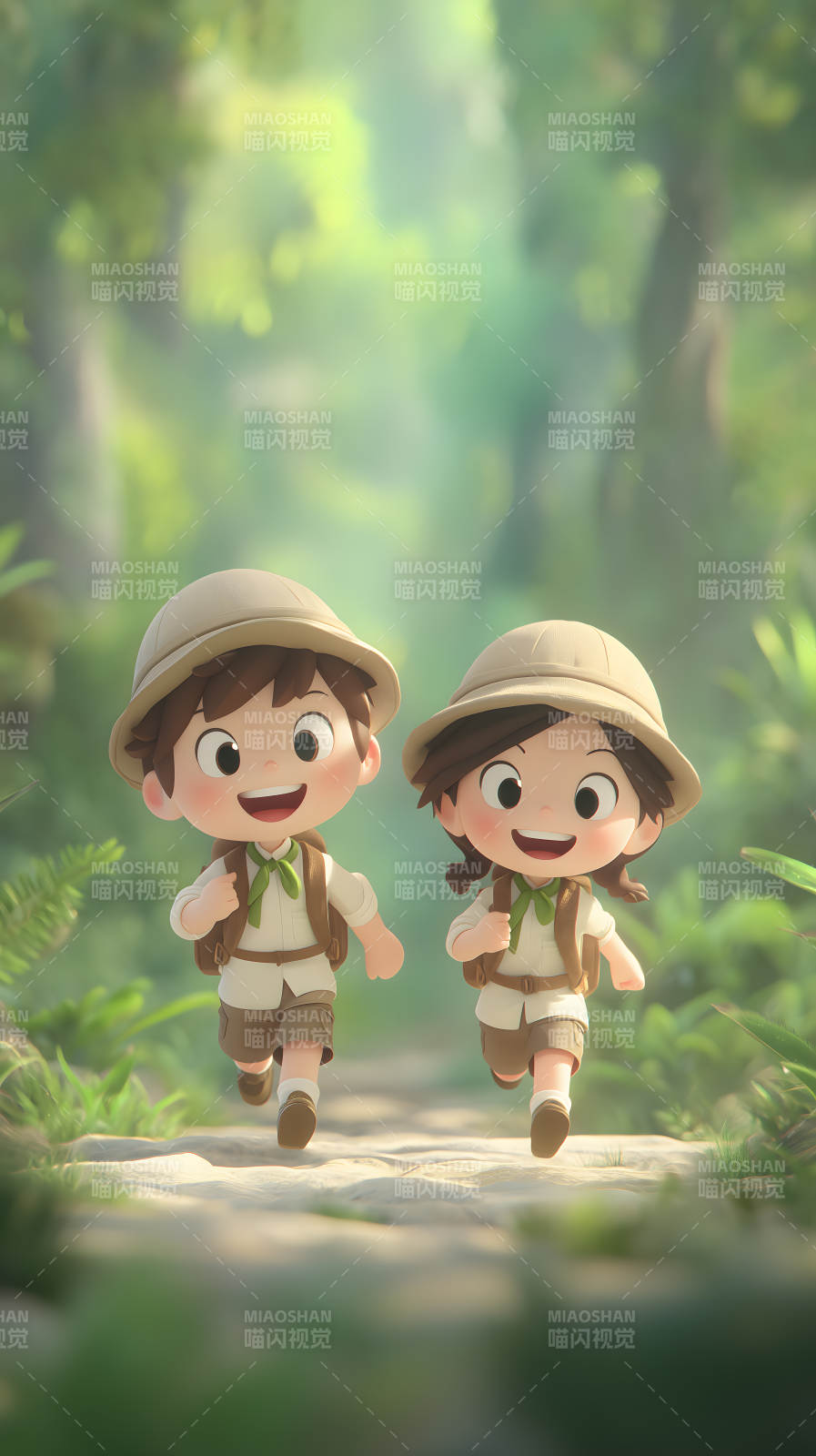 卡通探险者在森林中奔跑图片