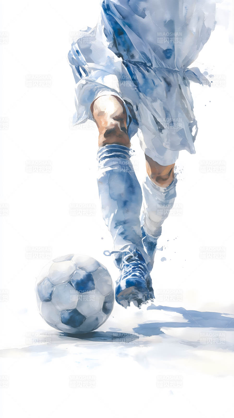 足球运动员踢球的瞬间水彩画图片