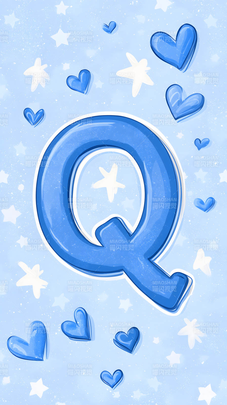 蓝色背景上的字母Q和爱心图片