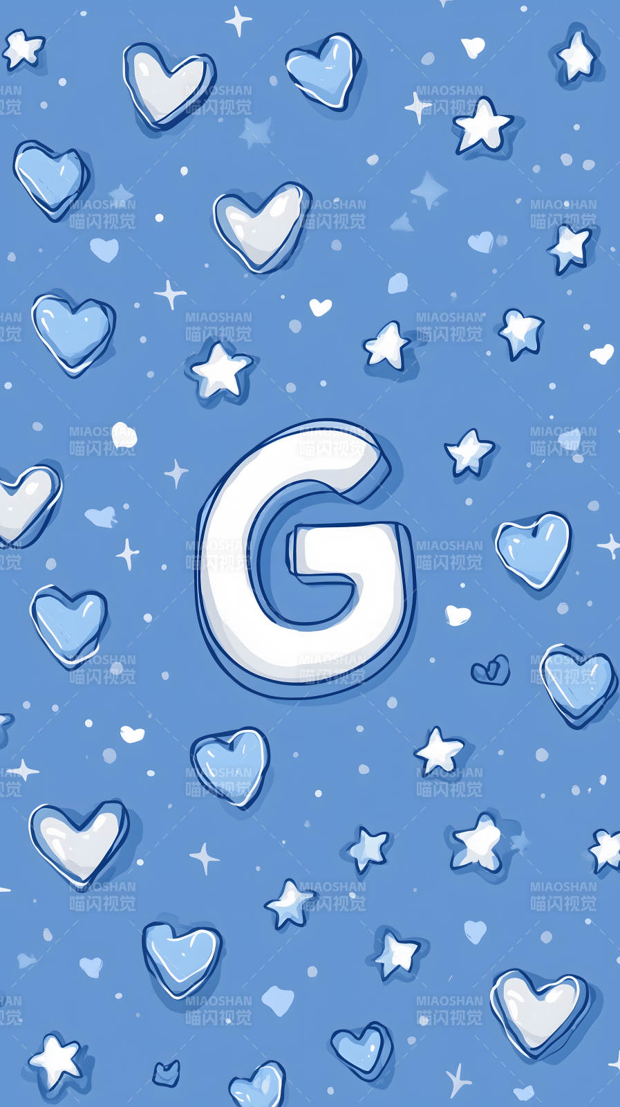 蓝色背景上的字母G与爱心星星图片