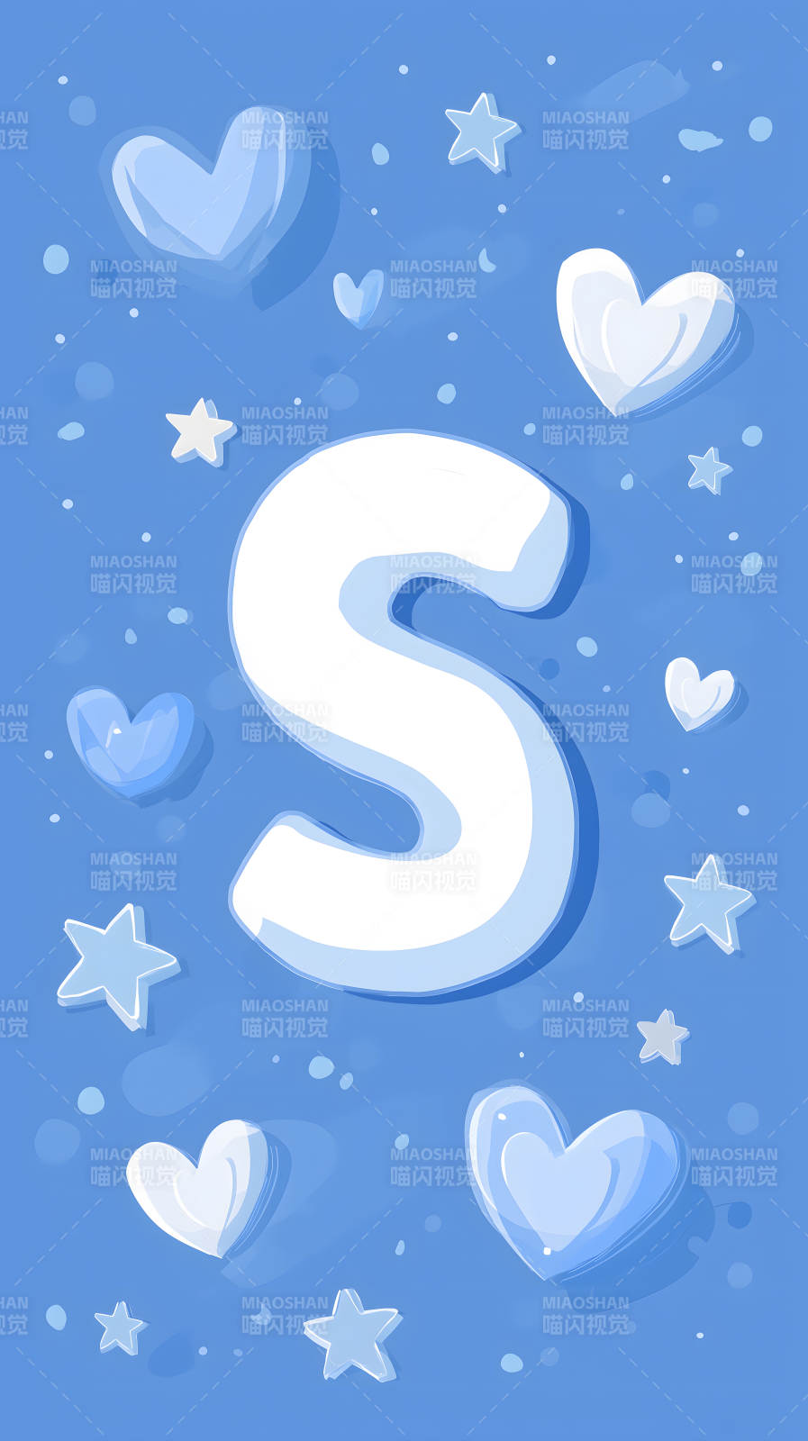 蓝色背景下心形与星星围绕的字母S图片