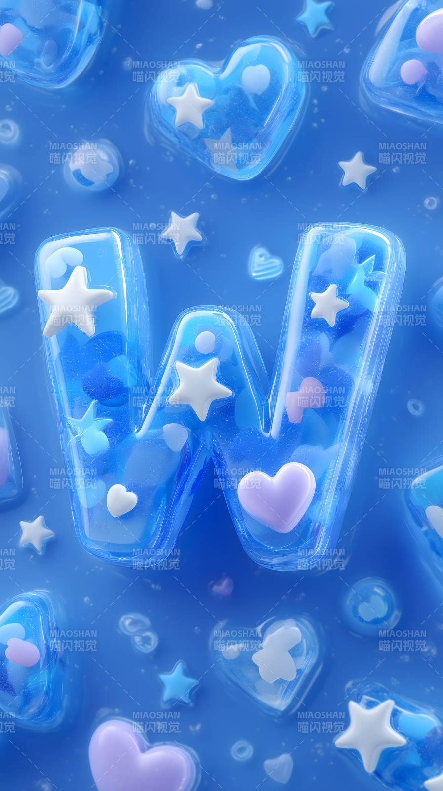 蓝色果冻字母W与装饰图片