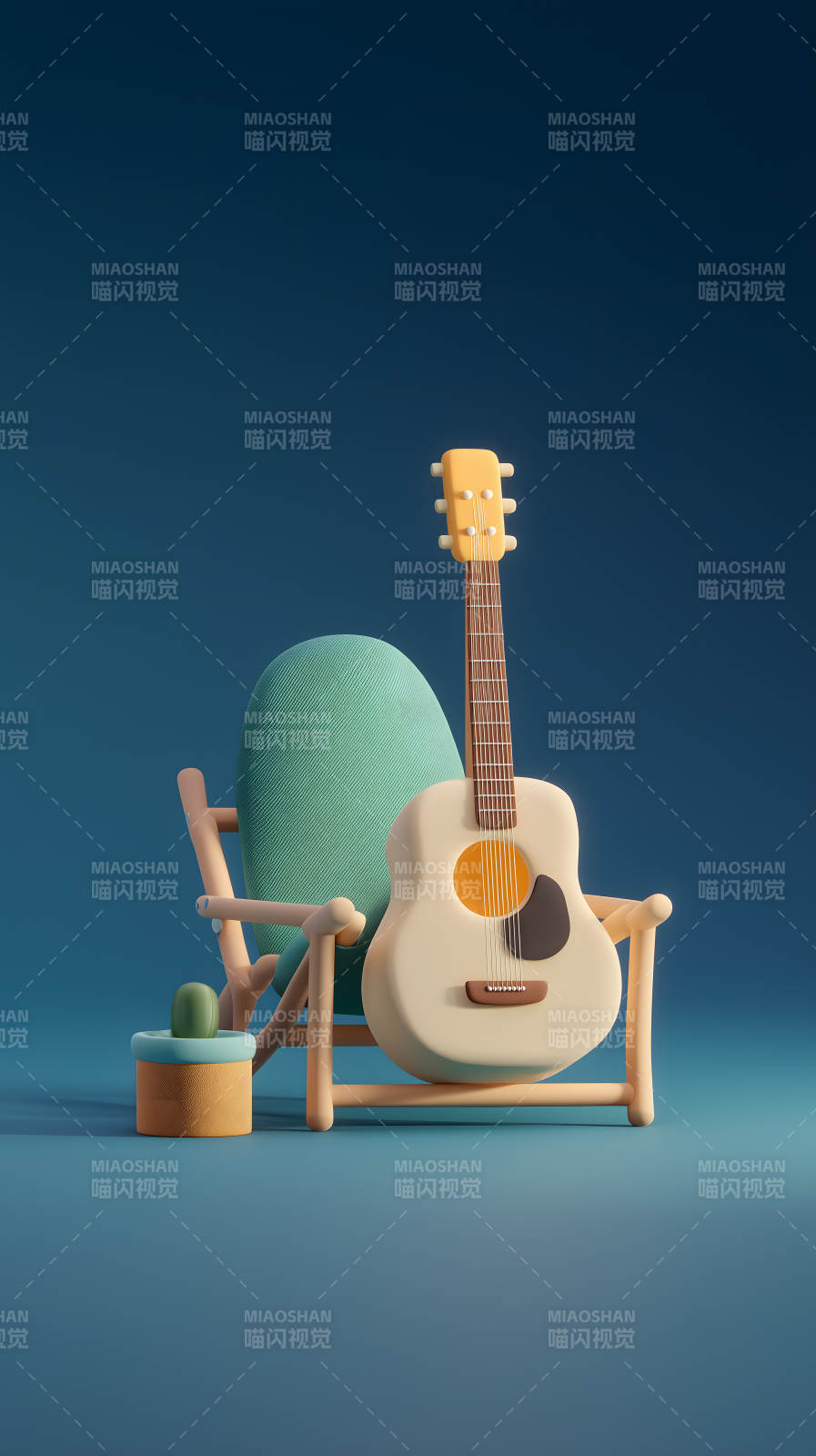 一把吉他静静地靠着躺椅图片