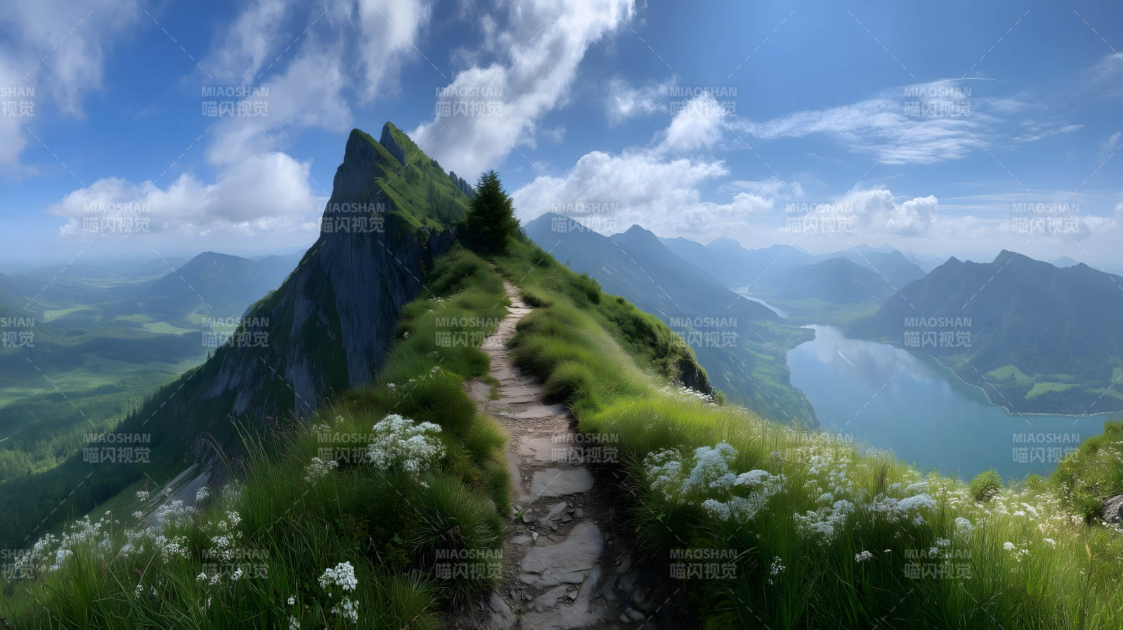 山顶小径与远山湖泊图片