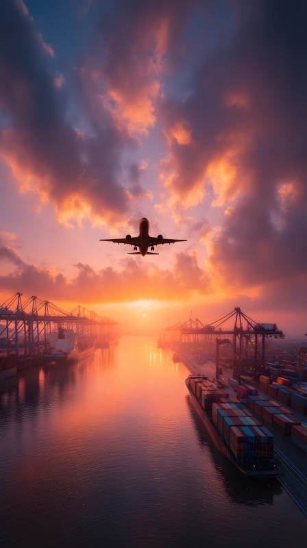 日落港口飞机飞过图片