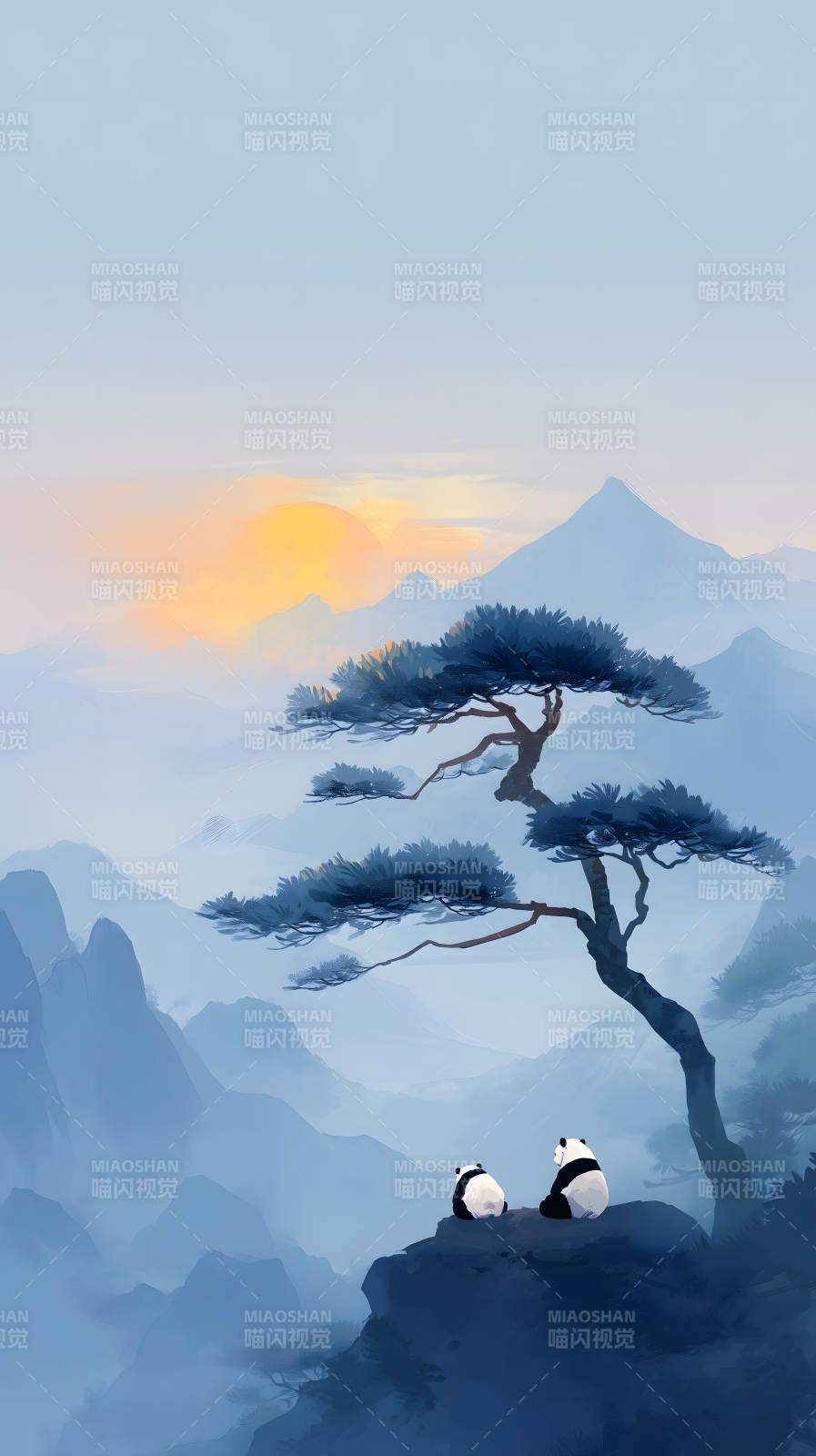 山峦日出熊猫远眺图片