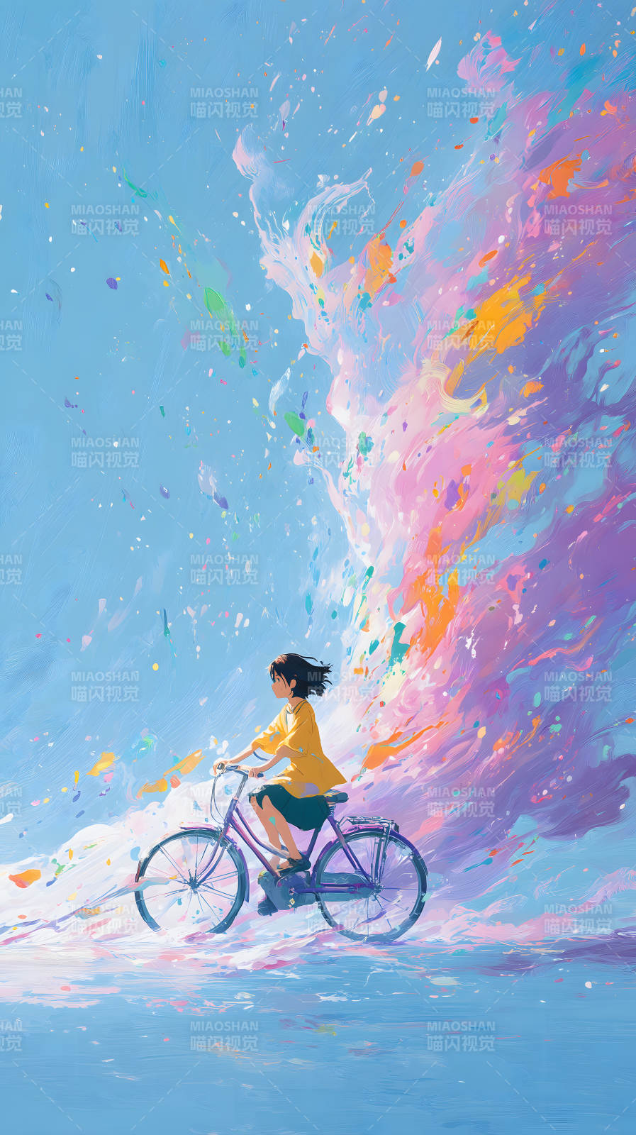 女孩骑车穿过彩色云朵图片