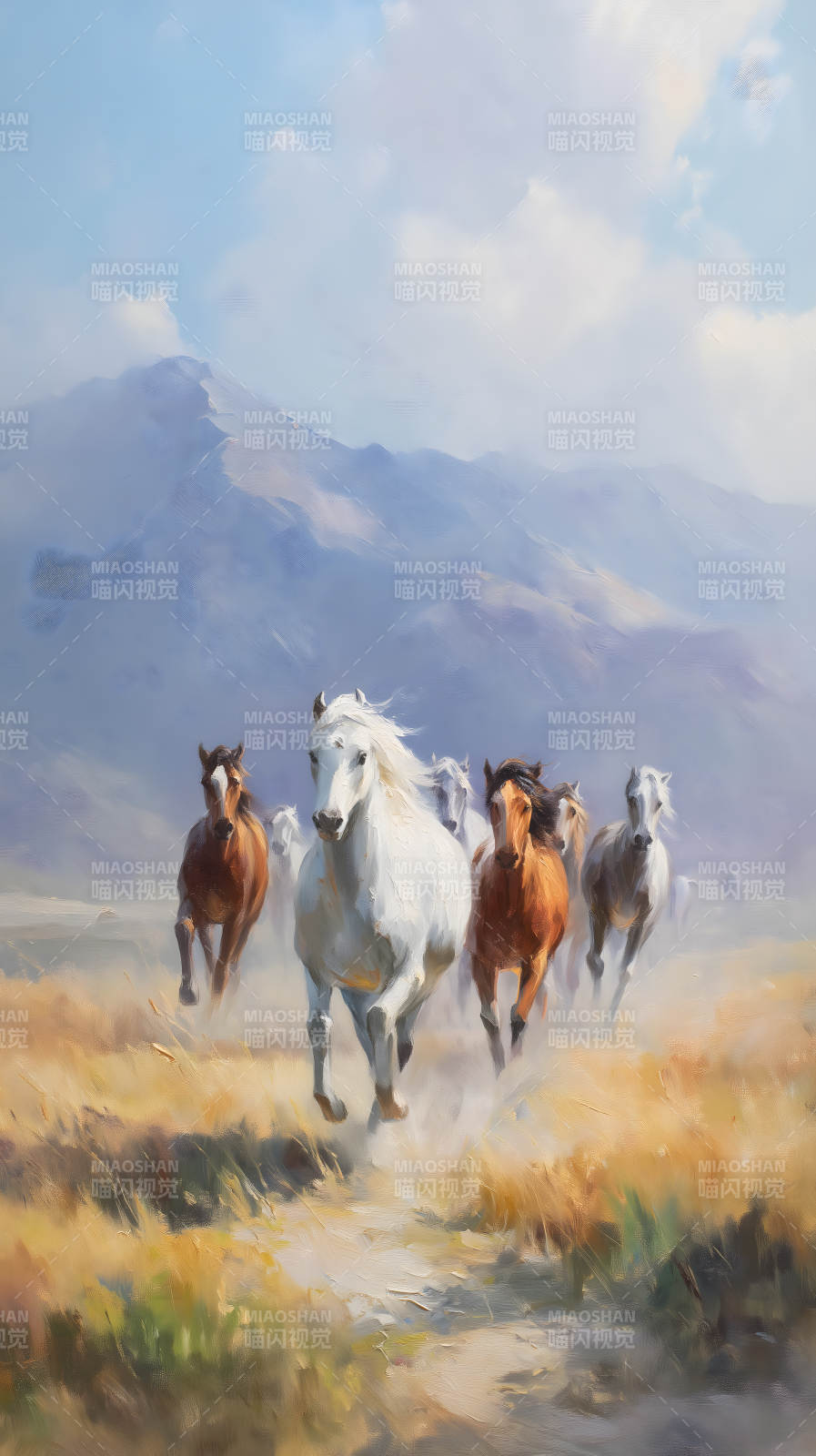 奔腾的野马群在山间驰骋图片