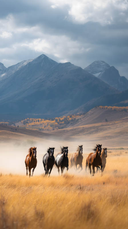 奔腾的野马群与秋日山峦图片
