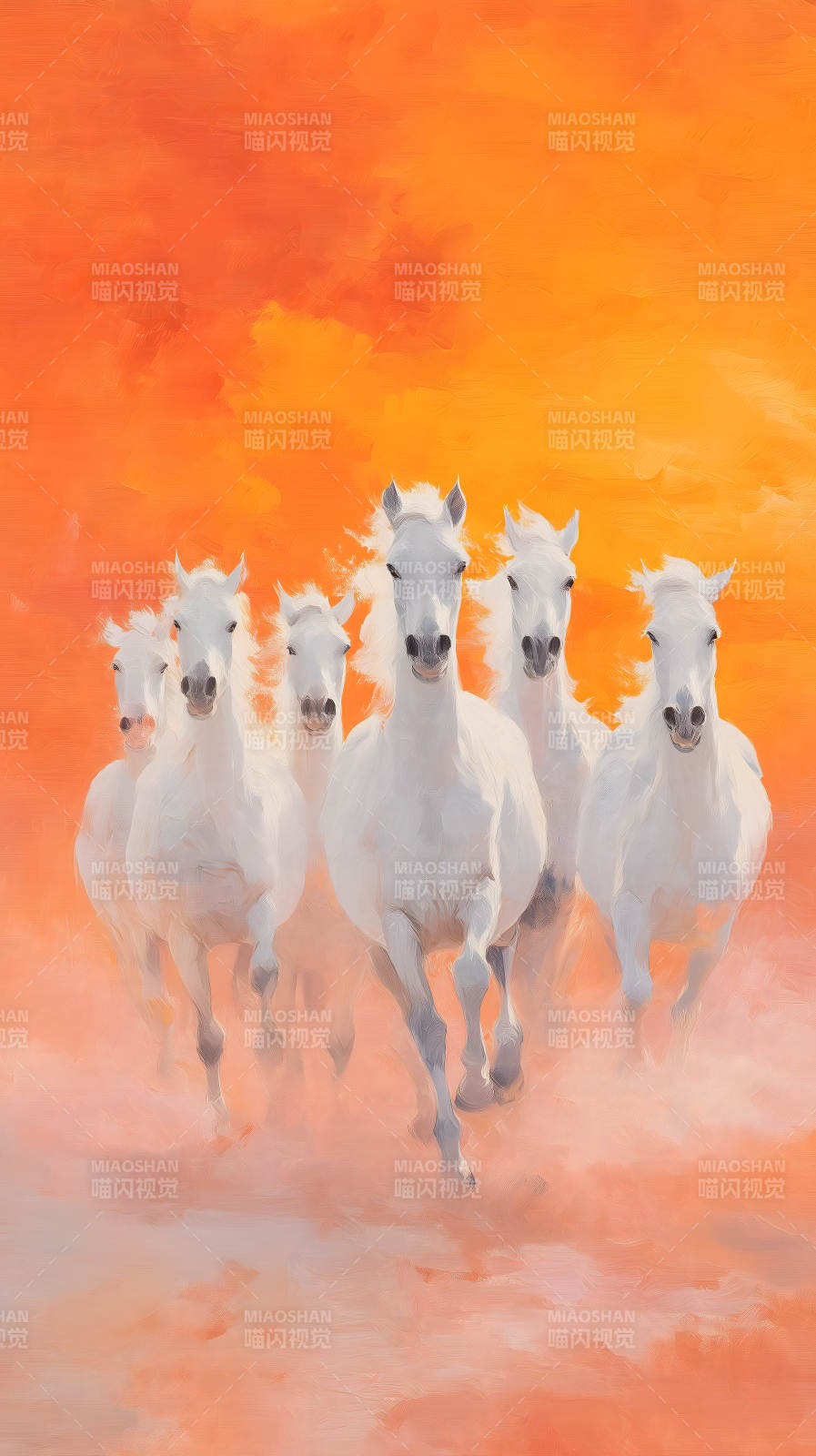 奔腾的白马与落日图片