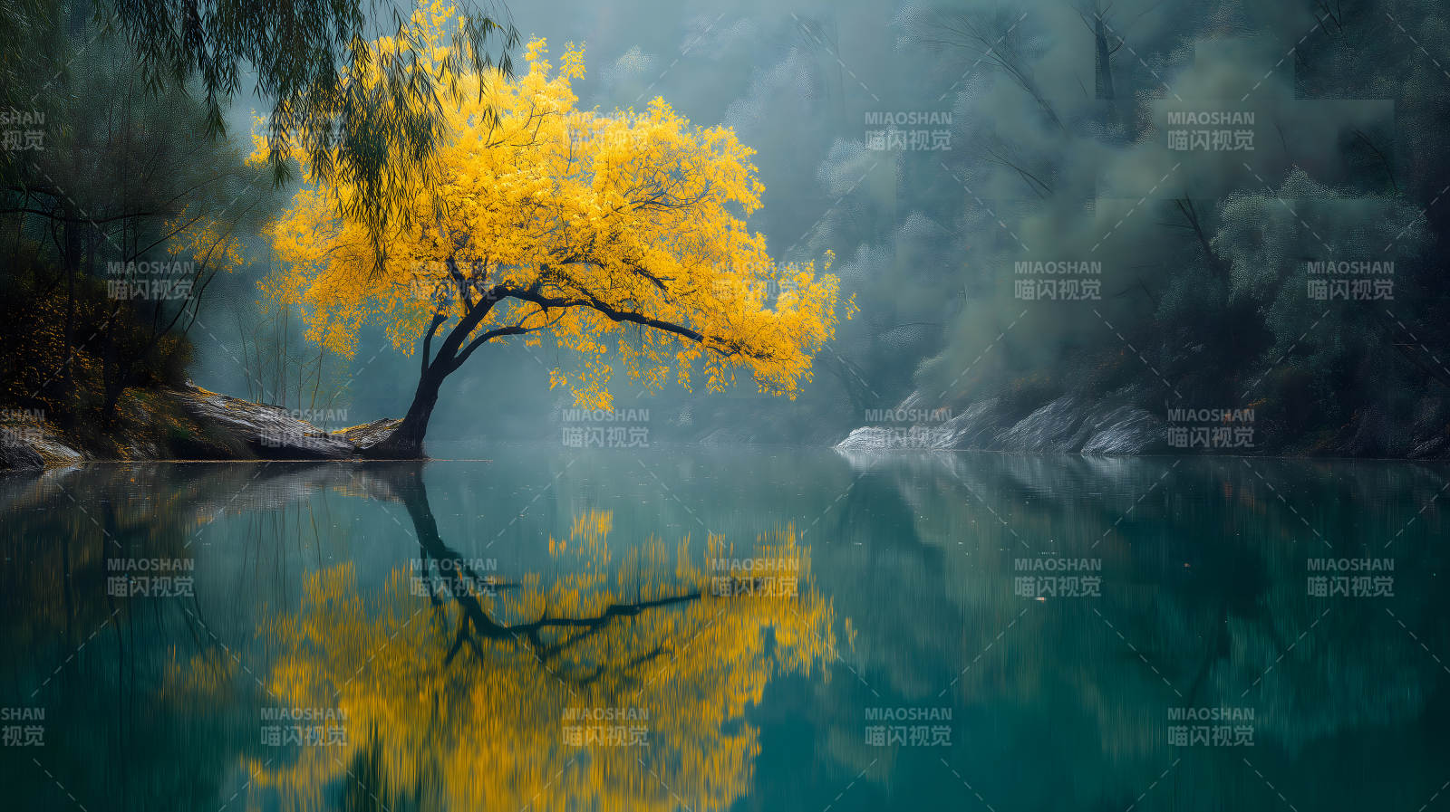 秋日湖畔金黄树影图片