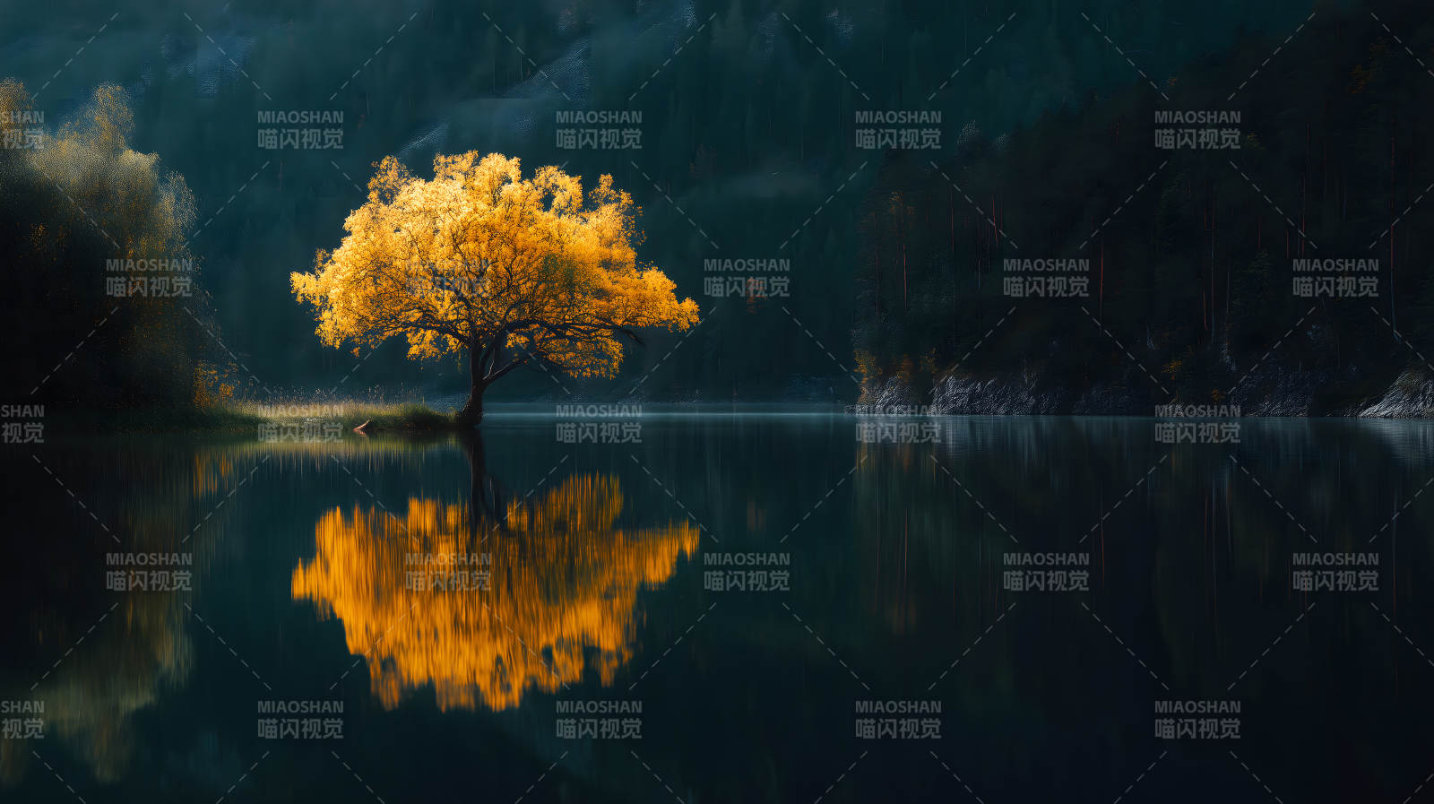 秋日湖畔金黄树图片