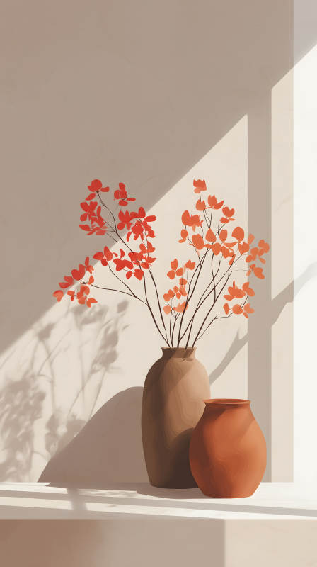 阳光下的陶罐与红花图片