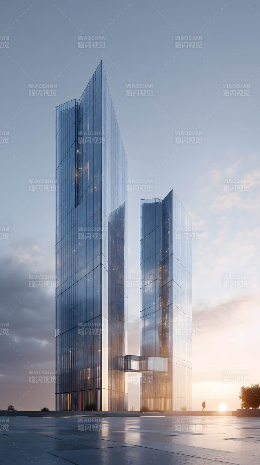 现代摩天大楼的黄昏剪影图片