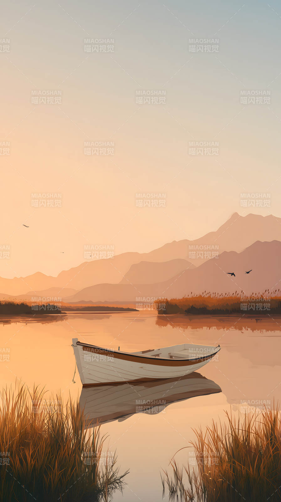 宁静的湖边日落景色图片