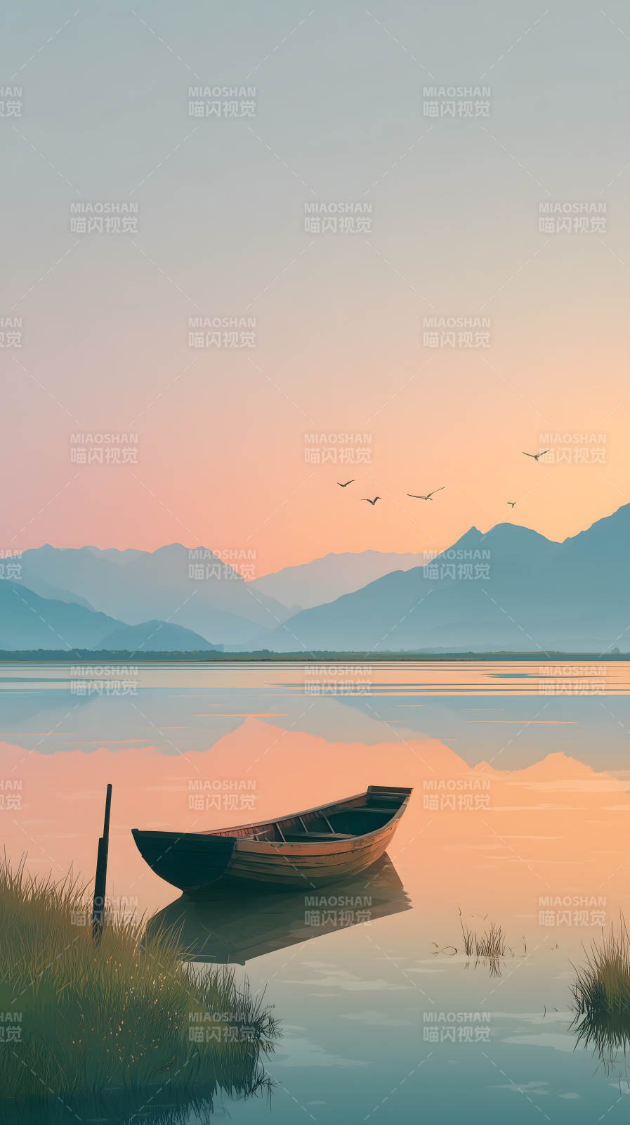 宁静的湖边日落景色图片