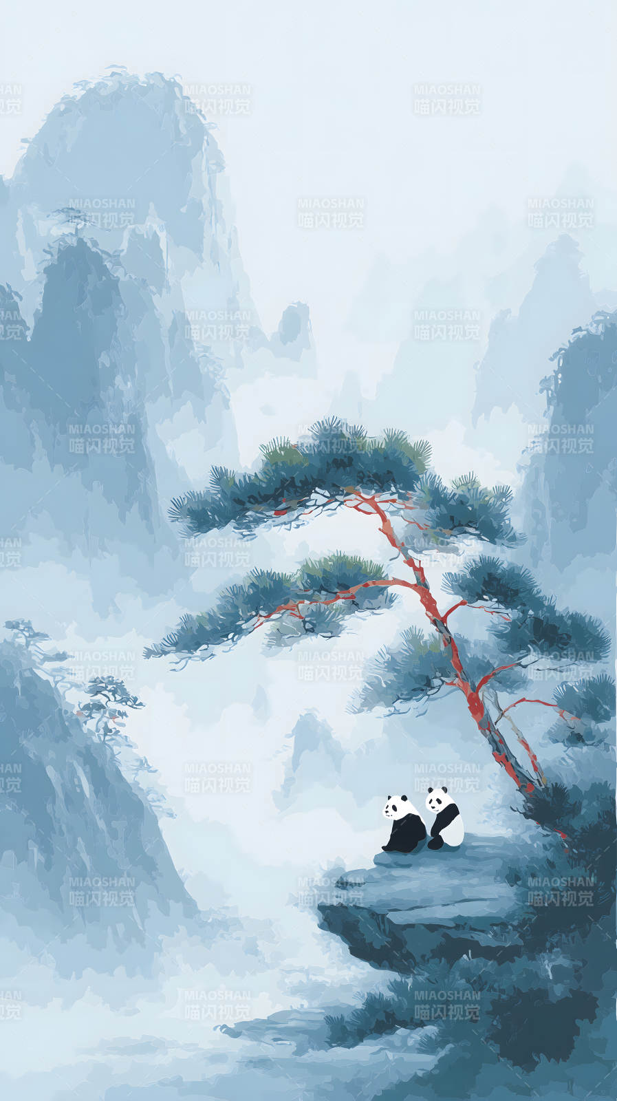 水墨丹青绘山峦熊猫静坐观云烟图片