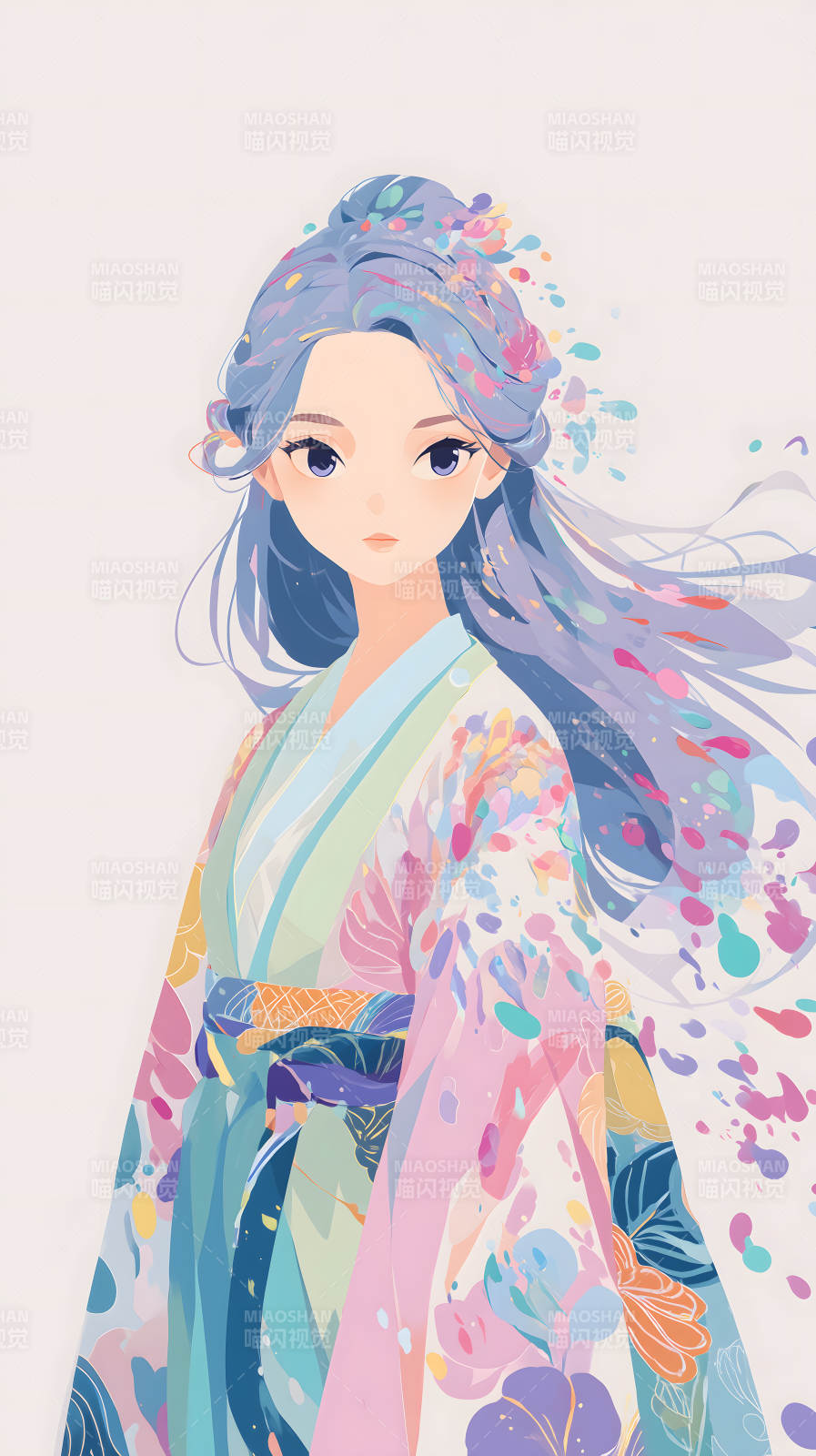 春日和服少女水彩画图片